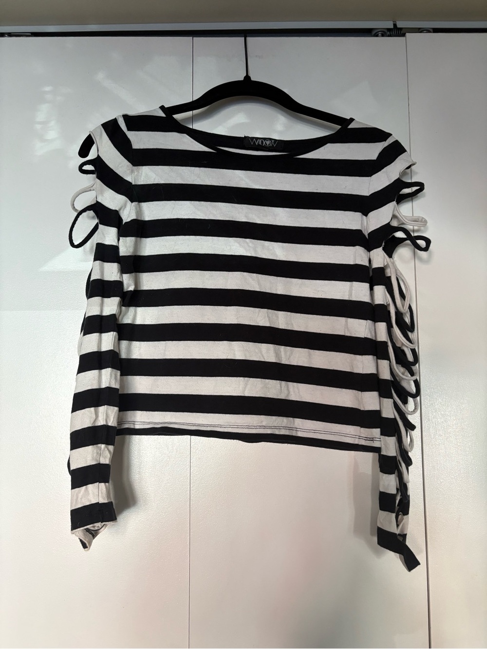 Striped Lace-Up Sleeve Crop Top in Black & White